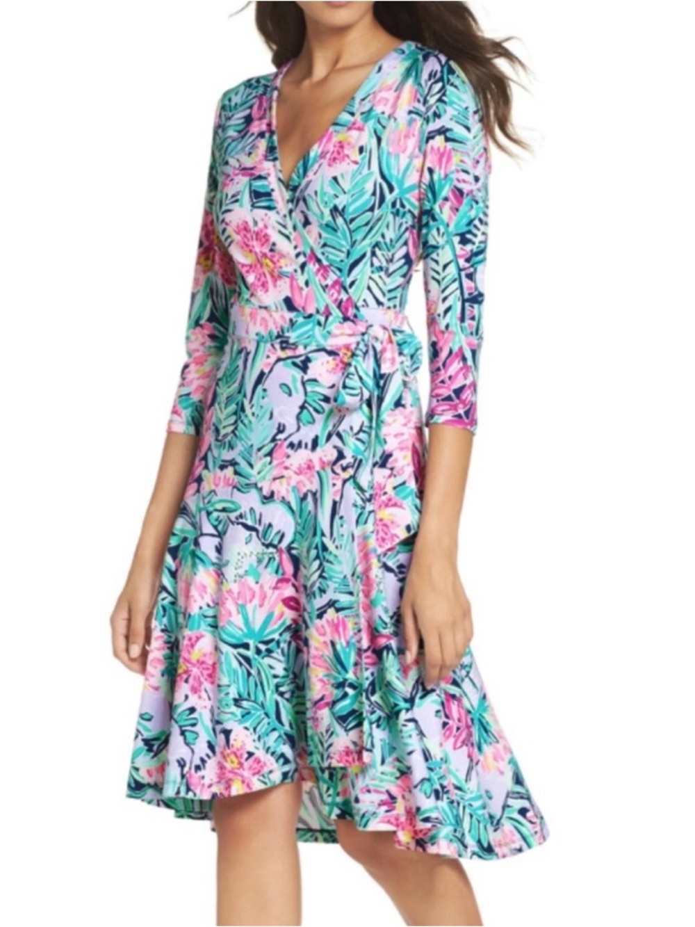 Lilly Pulitzer Aqua and Pink Floral Midi Wrap Dress